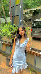 Cute Blue Ruffled V Neck Chiffon Homecoming Dress