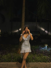 Cute Blue Ruffled V Neck Chiffon Homecoming Dress
