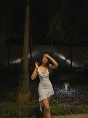 Cute Blue Ruffled V Neck Chiffon Homecoming Dress