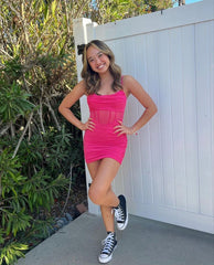 Cute Hot Pink Herringbone Straps Slim Fit Hip 17th Birthday Homecoming Dress