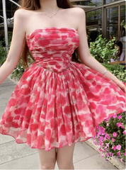 Beautiful Floral Tube Top Pink Tulle A-line Birthday Dress Homecoming Dress
