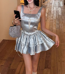 Blue Cake Skirt Short Square Neck Satin 17th Birthday Homecoming Dress