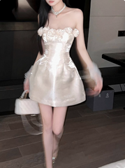 Elegant French Style Tube Top Three-dimensional Flower One Shoulder Satin A-line 17th Birthday Homecoming Dress