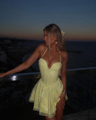 Cute Lace Halterneck Low-cut Light Yellow A-line 17th Birthday Homecoming Dress