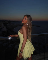 Cute Lace Halterneck Low-cut Light Yellow A-line 17th Birthday Homecoming Dress