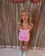 Cute Pink Sequined Tube Top With Back Straps And Hip Wrap 17th Birthday Homecoming Dress