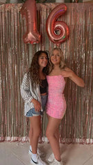 Cute Pink Sequined Tube Top With Back Straps And Hip Wrap 17th Birthday Homecoming Dress