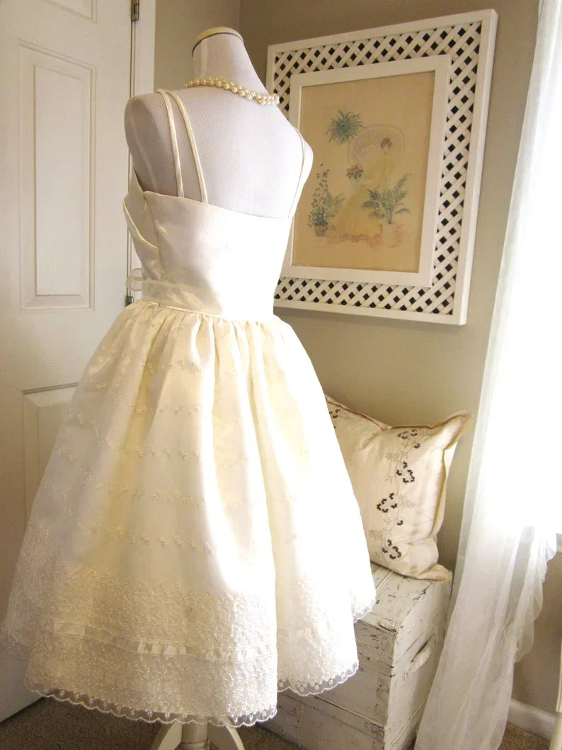 Cute Ivory Strappy Satin Lace Trim A-line Birthday Dress Homecoming Dress