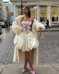 Elegant Embroidered Ivory Strapless Satin Flower Bud Birthday Dress Homecoming Dress