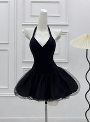 Beautiful Halterneck Black Mesh Splicing Puffy Birthday Dress Homecoming Dress
