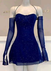 Charming Homecoming Dress A Line Navy Blue Halter Short Birthday Party Dress Cocktail Dress