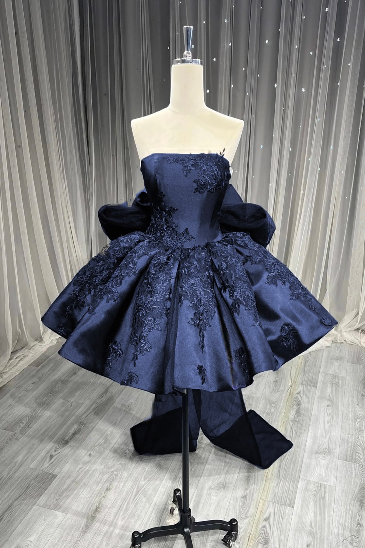 Classy Homecoming Dress Navy Blue Strapless Stain Pleated Short Party Dress Cocktail Dress