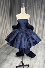 Classy Homecoming Dress Navy Blue Strapless Stain Pleated Short Party Dress Cocktail Dress