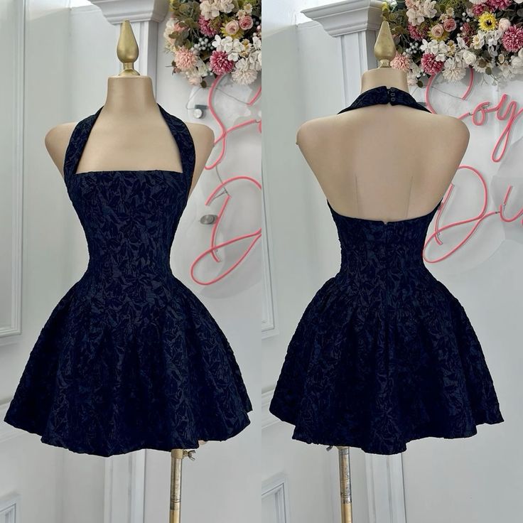 Elegant Homecoming Dress Navy Blue A Line Halter Short Birthday Party Dress Cocktail Dress