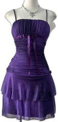 Chic Homecoming Dress Purple Spaghetti Straps Pleated Short Birthday Party Dress Cocktail Dress