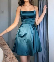 Elegant Homecoming Dress Navy Blue Halter A Line Stain Pleated Back to School Outfits Short Birthday Party Dress