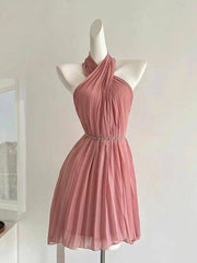 Elegant Homecoming Dress Halter Chiffon Pleated Back to School Outfits Short Birthday Party Dress