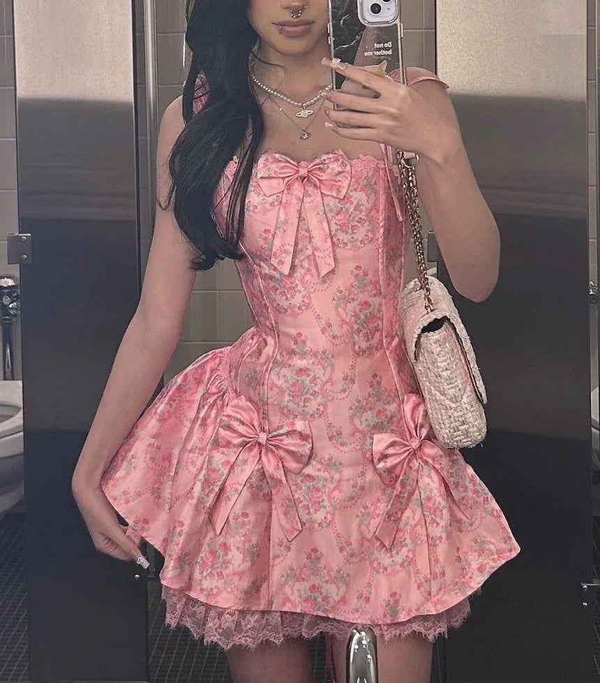 Beauty Homecoming Dress A Line Spaghetti Straps Bowknot Print Short Birthday Party Dress Cocktail Dress