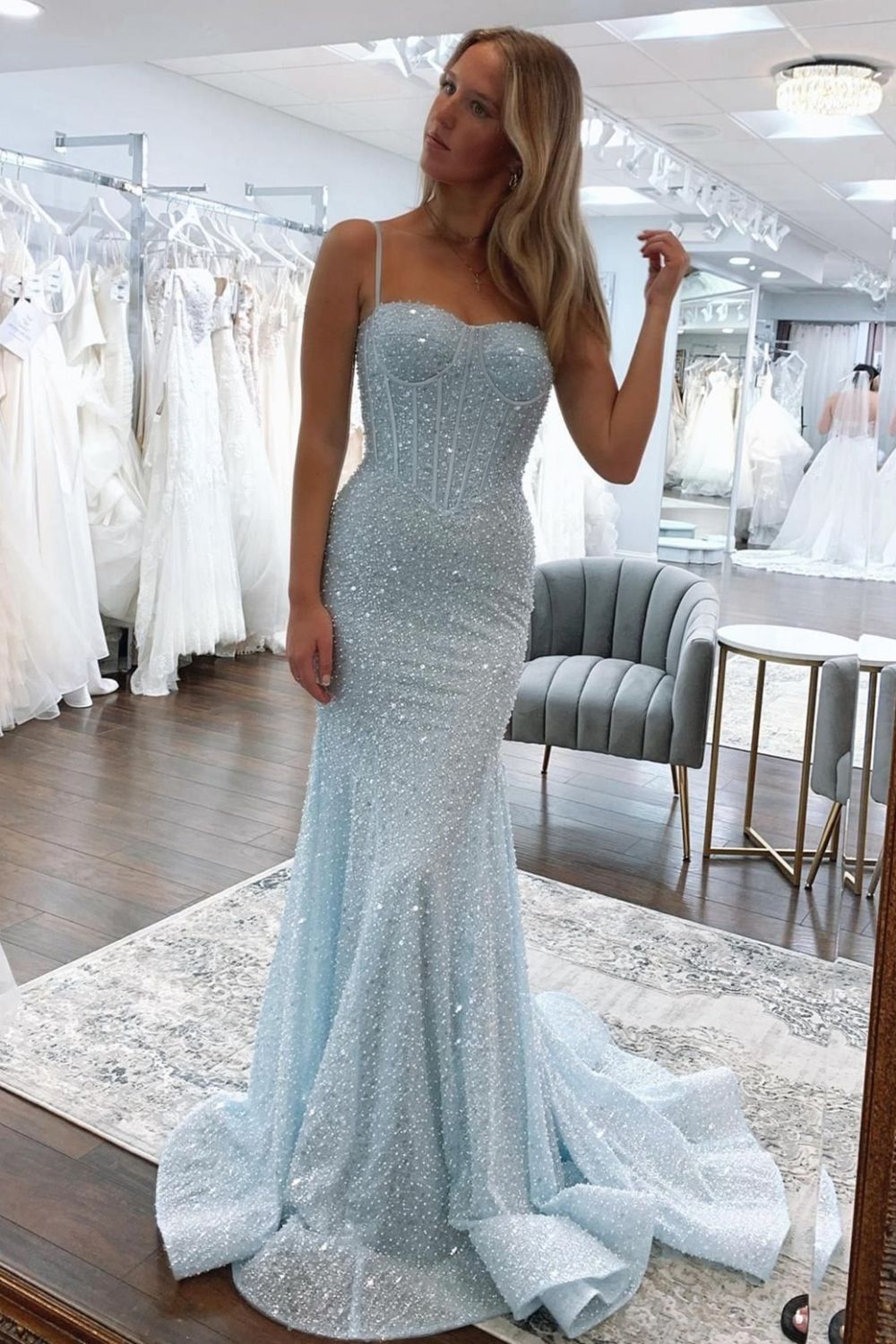 Bling Mermaid Spaghetti Straps Light Blue Sequins Long Prom Dress