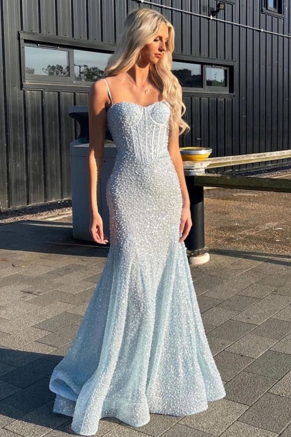 Bling Mermaid Spaghetti Straps Light Blue Sequins Long Prom Dress