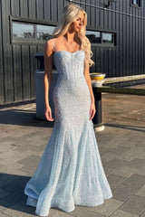 Bling Mermaid Spaghetti Straps Light Blue Sequins Long Prom Dress