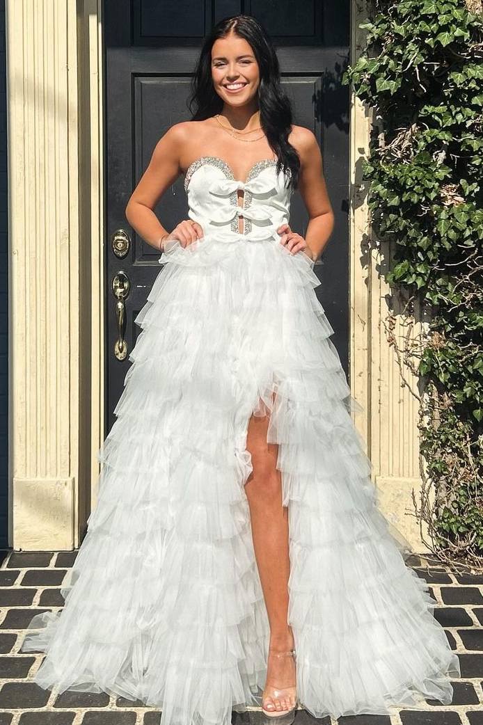 A-line Black Tulle Strapless Bow Ruffle Long Sweep Prom Dress, Slit