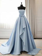 A-Line Blue Satin Long Prom Dress, Simple Satin Long Formal Dress