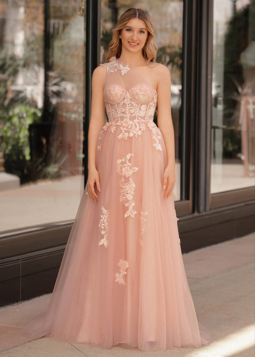 A Line One Shoulder Black Long Prom Dress with Appliques