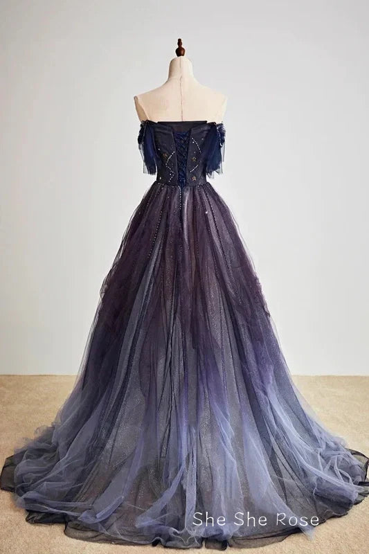 A-Line Purple Gradient Tulle Long Formal Prom Dress