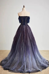 A-Line Purple Gradient Tulle Long Formal Prom Dress