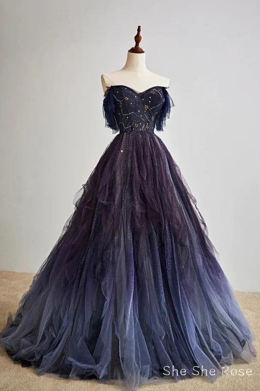 A-Line Purple Gradient Tulle Long Formal Prom Dress