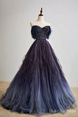 A-Line Purple Gradient Tulle Long Formal Prom Dress