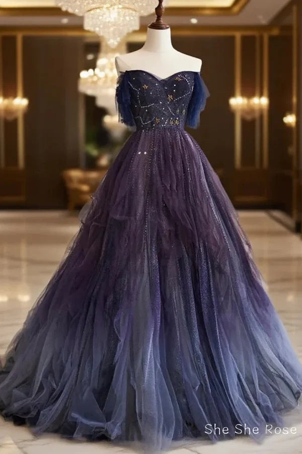 A-Line Purple Gradient Tulle Long Formal Prom Dress
