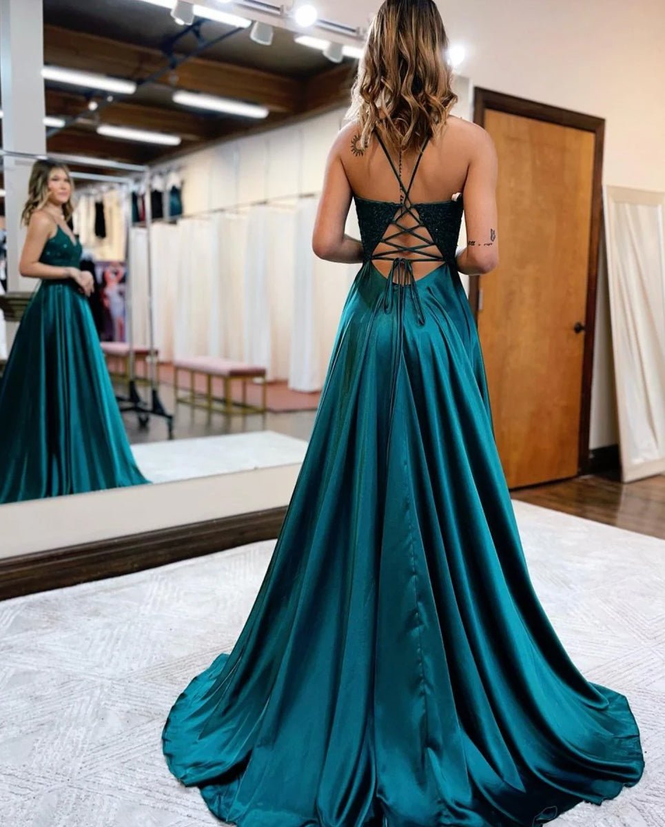 A-line Spaghetti Straps Corset Back Prom Dress With Split