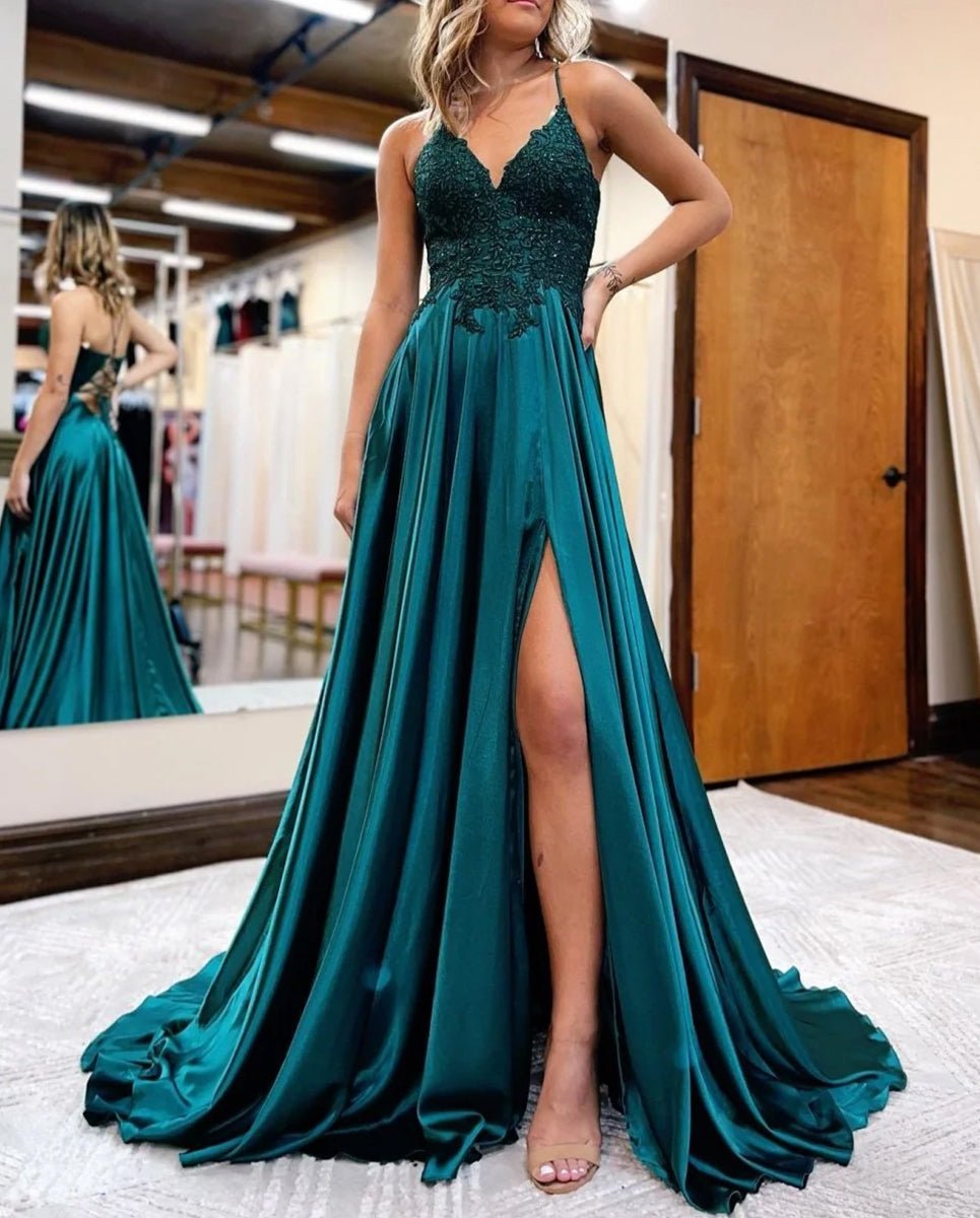 A-line Spaghetti Straps Corset Back Prom Dress With Split