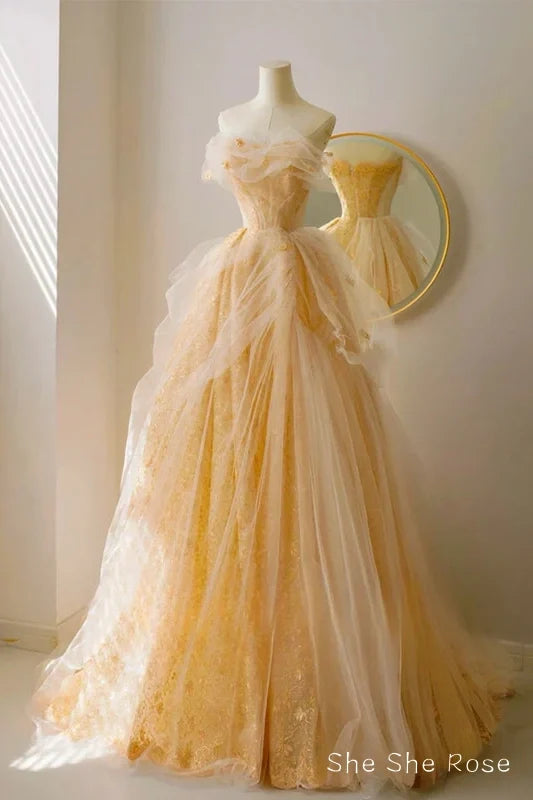 A-Line Tulle Lace Champagne Long Prom Dress, Champagne Long Formal Dress
