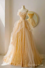 A-Line Tulle Lace Champagne Long Prom Dress, Champagne Long Formal Dress