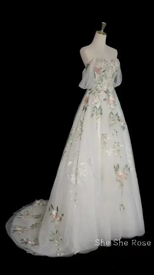 A-Line Tulle With Flower Lace White Wedding Party Dress, White Tulle Evening Dress Formal Prom Dress
