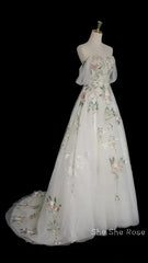 A-Line Tulle With Flower Lace White Wedding Party Dress, White Tulle Evening Dress Formal Prom Dress