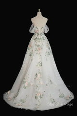 A-Line Tulle With Flower Lace White Wedding Party Dress, White Tulle Evening Dress Formal Prom Dress