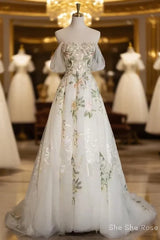 A-Line Tulle With Flower Lace White Wedding Party Dress, White Tulle Evening Dress Formal Prom Dress