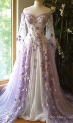 Aesthetic Ball Gown Off The Shoulder Tulle Lilac Party Dresses Long Prom Dress Evening Dresses