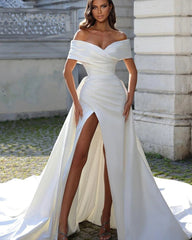 Classy White Off-the-shoulder PleatedCouture Formal Prom Dress