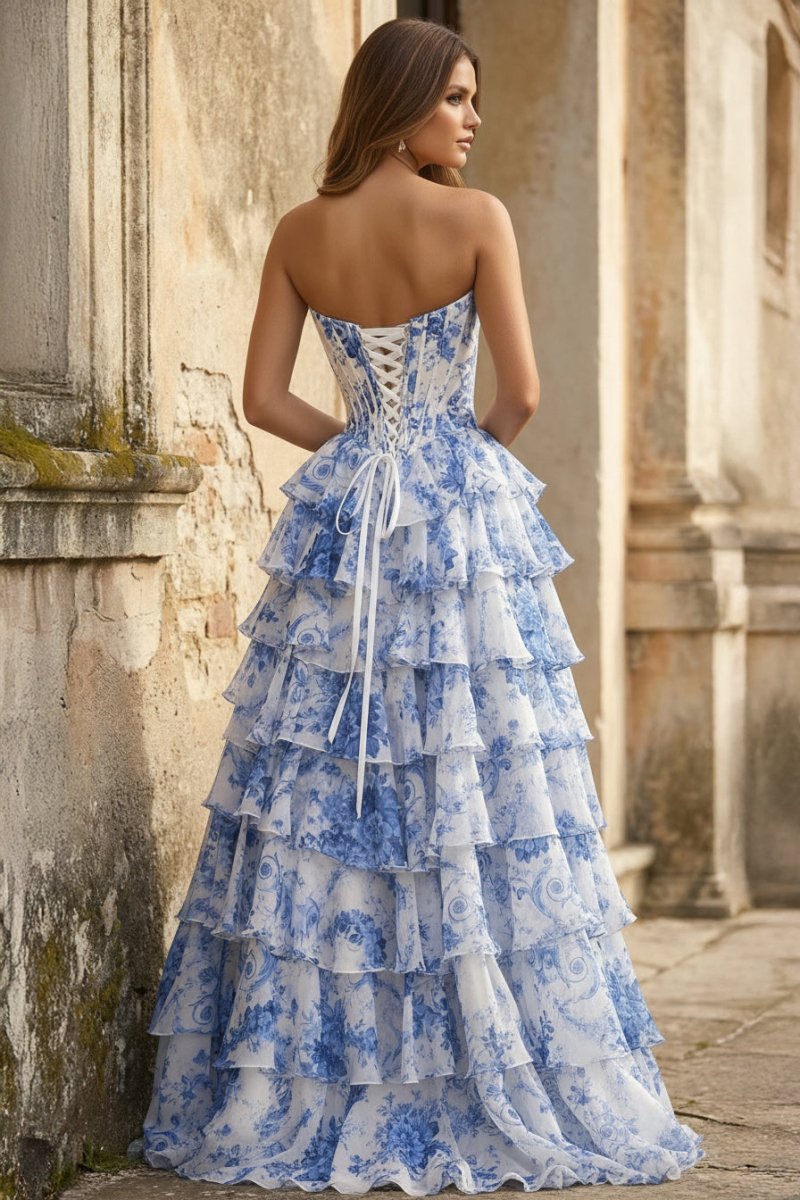 A Line Floral Blush Tiered Chiffon Long Corset Prom Dress with Slit