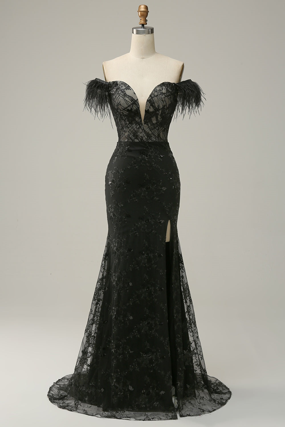 Classic Black Off-the-shoulder Feather Sequins Prom Dress