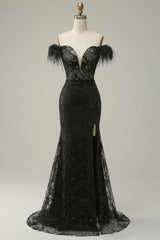 Classic Black Off-the-shoulder Feather Sequins Prom Dress