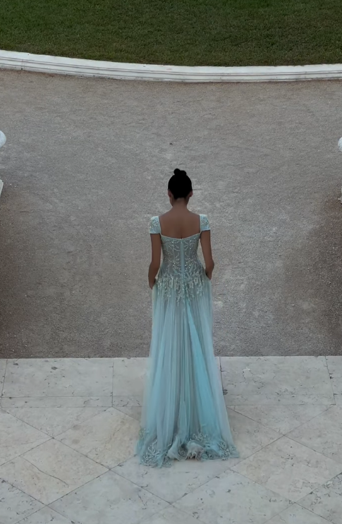 Baby Blue A Line Exquisite Beaded Tulle Prom Dress Wedding Guest Dress