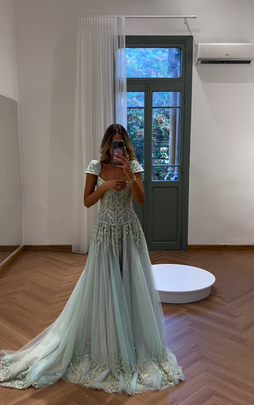 Baby Blue A Line Exquisite Beaded Tulle Prom Dress Wedding Guest Dress