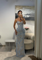 Baby Blue Sheath V Neck Beaded 3D Floral Lace Prom Dress Evening Dress
