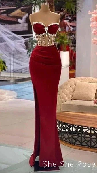 Beaded Burgundy Mermaid Formal Prom Dress